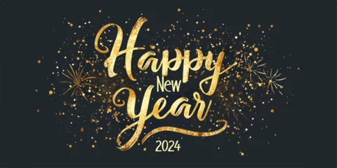 Fotobehang Happy New Year 2024 with calligraphic and brush painted with sparkles and glitter text effect. Vector illustration background for new year's eve and new year resolutions and happy wishes © yuancheng