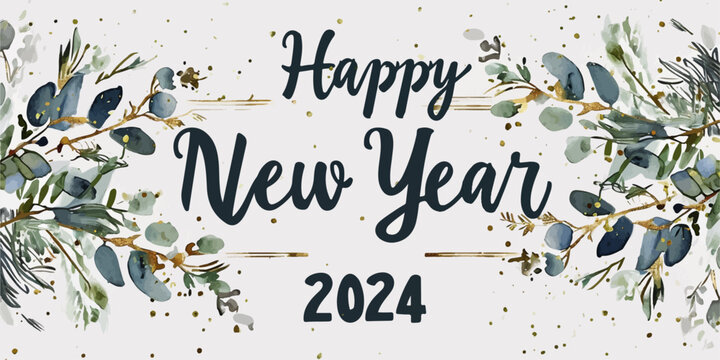 Happy New Year 2024 with calligraphic and brush painted with sparkles and glitter text effect. Vector watercolor illustration background for new year's eve and new year resolutions and happy wishes