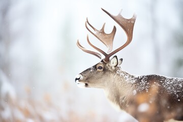Fototapeta premium caribou with snow-covered antlers in a blizzard