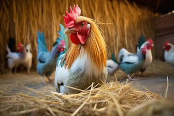 a rooster standing guard as hens peck in hay
