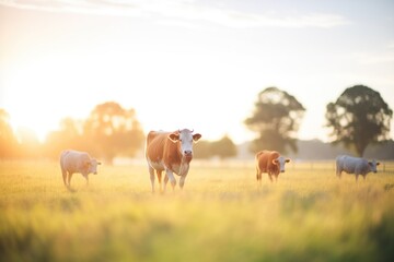 Obraz premium golden hour lighting with cows in a peaceful meadow