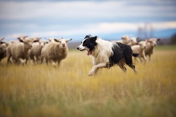 border collie herding sheep in a pasture - obrazy, fototapety, plakaty