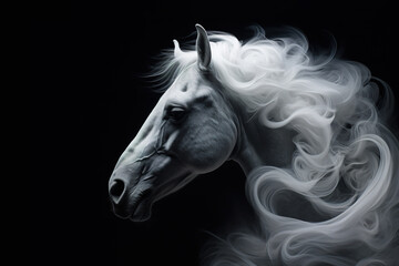Abstract of white horse head have smoke and fog on black background. Mammals, Wildlife Animals, Illustration, Generative AI.