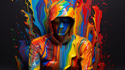 Alone person in colorful rainbow paint