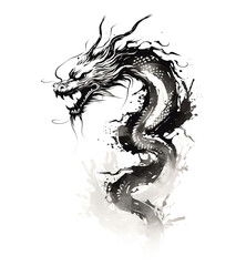 Dragon watercolor painting with black ink on white background traditional Chinese style. Mythical creatures, Ancient animals. Illustration, Generative AI.
