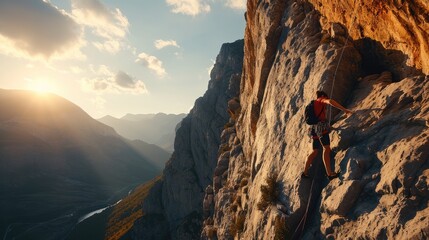 A perspective of a rock climber ascending a challenging cliff face, Highlighting the...