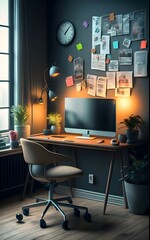 Modern office setup with computer on desk in stylish room ai generated 