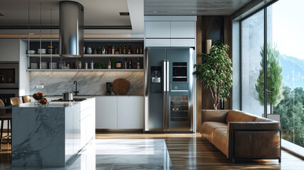 High-end built-in fridge in a modern kitchen. Generative AI.
