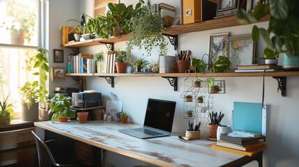 Shot of home office with a clean desk, Laptop and wall-mounted shelves. Generative AI.