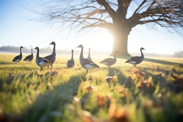 sidelight casting shadows of geese on meadow - obrazy, fototapety, plakaty