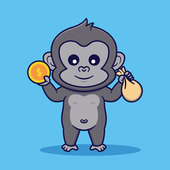 Cute Gorilla Holding Coin And Bag Vector Illustration
