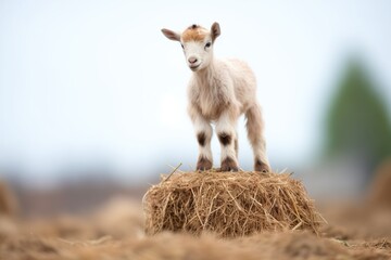 baby goat standing on a small haystack - obrazy, fototapety, plakaty