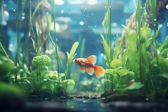 goldfish amongst water plants reaching for food