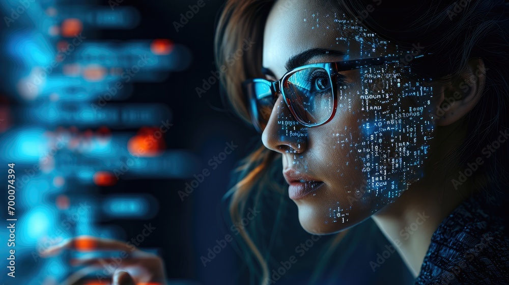 Leinwandbilder Data hologram and woman with code analytics, Programmer coding or IT person in glasses reading programming and cyber security research. Generative AI.