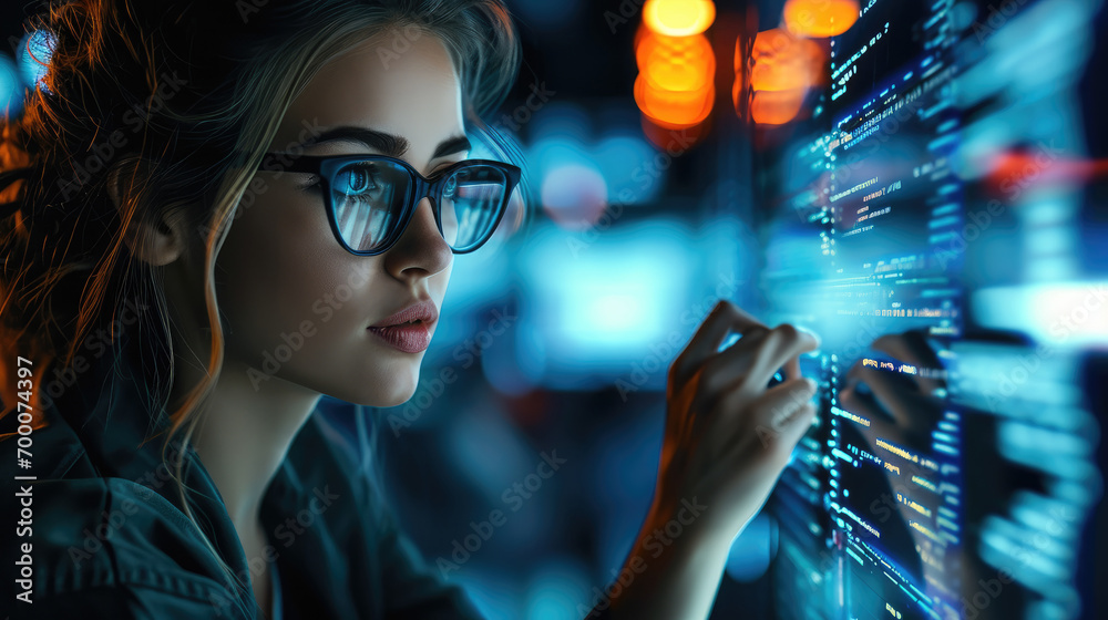 Aufkleber Data hologram and woman with code analytics, Programmer coding or IT person in glasses reading programming and cyber security research. Generative AI.