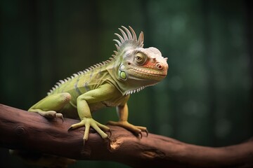 green iguana perched on a tropical tree branch