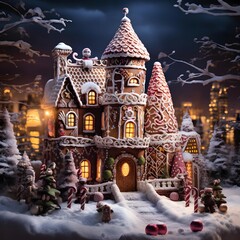 Christmas and New Year holidays background. Festive gingerbread house on a background of night city.