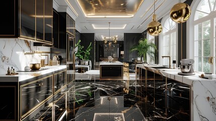 A luxury kitchen with black and white marble flooring, Gold pendant lights and sleek. Generative AI.