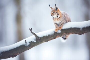 lynx perched on a snowy branch at dusk
