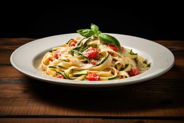 Tagliatelle with parmesan zucchini tomato and cream sauce on a wood surface