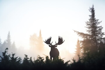 moose silhouetted against forest fog