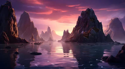 Poster Fantasy alien planet. Mountain and lake. 3D illustration. © Iman
