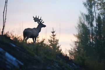 moose standing on a forest ridge at twilight