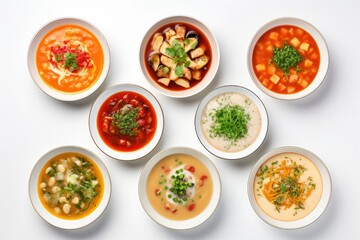 Restaurant hot dishes: Japanese miso, Asian fish soup, Russian borscht, English pea soup, mushroom soup, and Spanish gazpacho isolated on a white background, seen from above.
