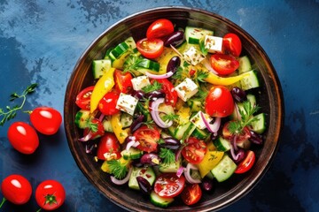 Top view of a healthy vegan Greek salad with colorful ingredients, served on a blue stone background.
