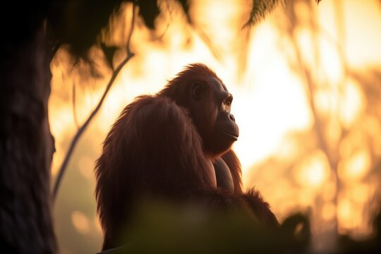 silhouette of orangutan against jungle sunset