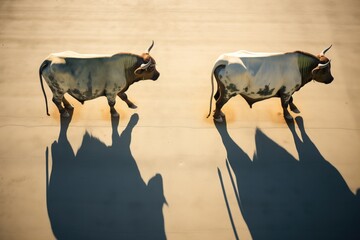 pair of oxen casting shadows on farmland - obrazy, fototapety, plakaty
