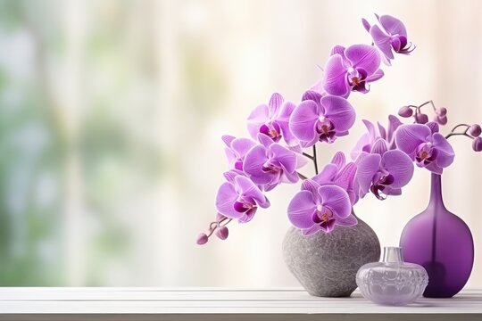 Still life of violet orchids in a vase on a table with window light, Cooktown orchid background, and space for lettering. Suitable for Women's Day, Mother's Day, spa relaxation, or product promotion.