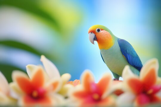 parrotlet on a flowering frangipani