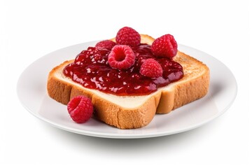 White background isolated plate with toasted bread and raspberry jam