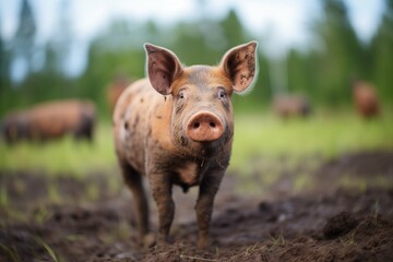 pig with mud-caked ears in pasture