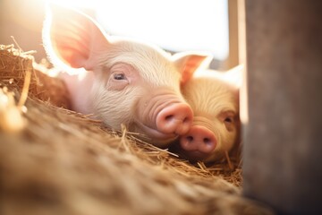 two piglets cuddling in sunlight