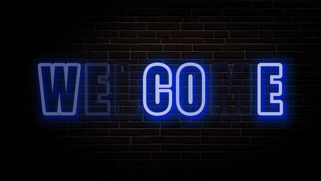 WELCOME  - TEXT ANIMATION WITH GLOWING NEON LIGHT EFFECT ON BRICK WALL.