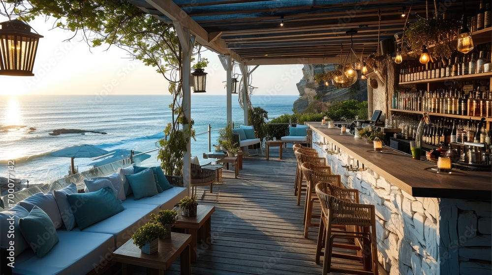 Poster outdoor open floor bar with an ocean view. generative ai.