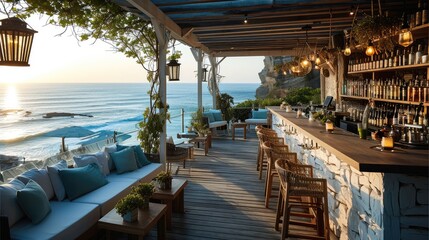 Outdoor open floor bar with an ocean view. Generative AI.