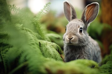 grey rabbit with bright eyes amongst garden ferns
