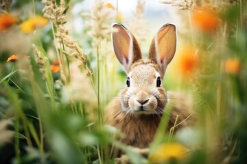 Fototapeta premium rabbit hiding in tall grass with garden flowers ahead