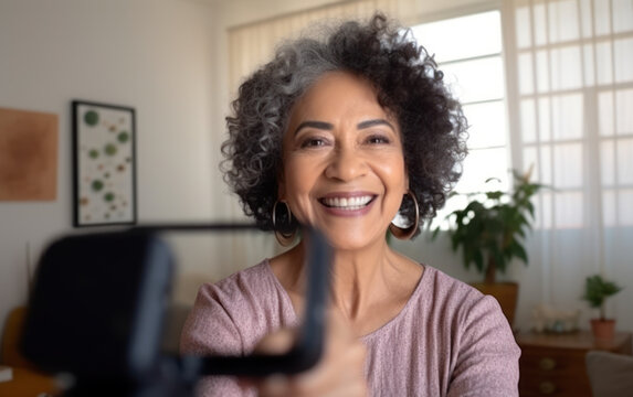 Woman talking in front of the camera, recording video for vlog. AI Generative
