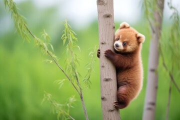 baby red panda following mother up tree