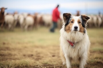 dog awaiting command before herding sheep