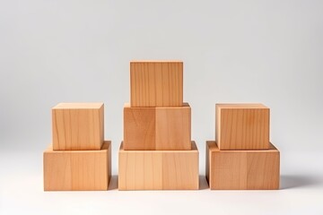 High quality photo of wooden blocks with knobbed cylinders forming a winners podium on a white background, representing corporate hierarchy and competition champions.