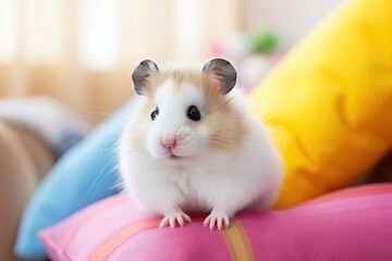 Winter white dwarf hamster resting on a brown sofa with a colorful pillow in the background in a close up