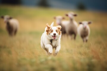 energetic dog guiding stubborn sheep - obrazy, fototapety, plakaty