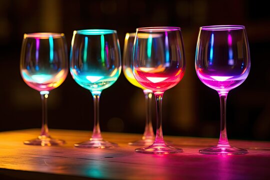 Neon multicolor light illuminating wine glasses.