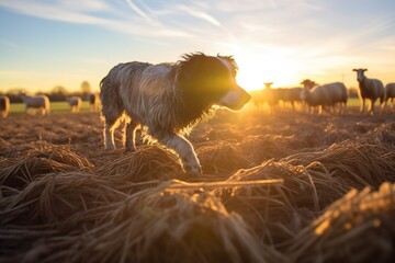 shadow play of herding dog and sheep at sunset - obrazy, fototapety, plakaty