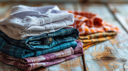 Stack of classic shirts on white wooden table. Generative AI.